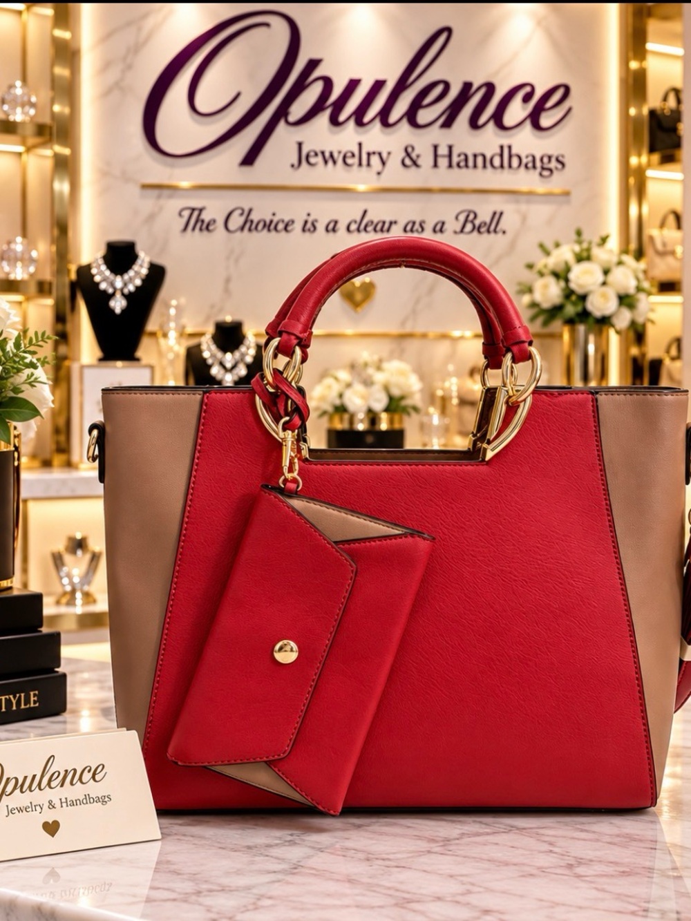 Red and Taupe Leather Top-Handle Tote with Wallet